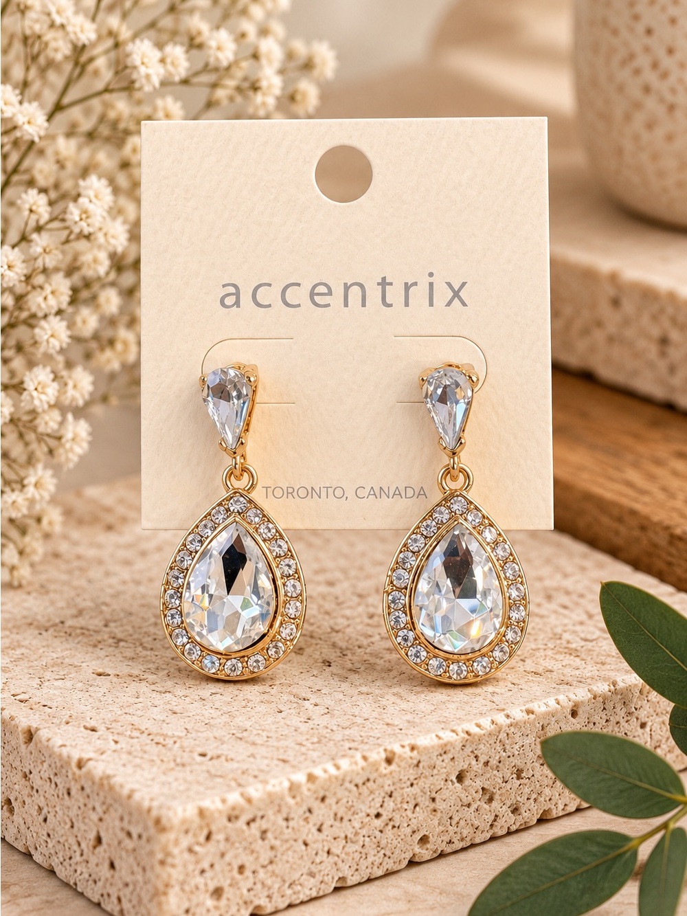 Gold Teardrop Crystal Drop Earrings - Clear